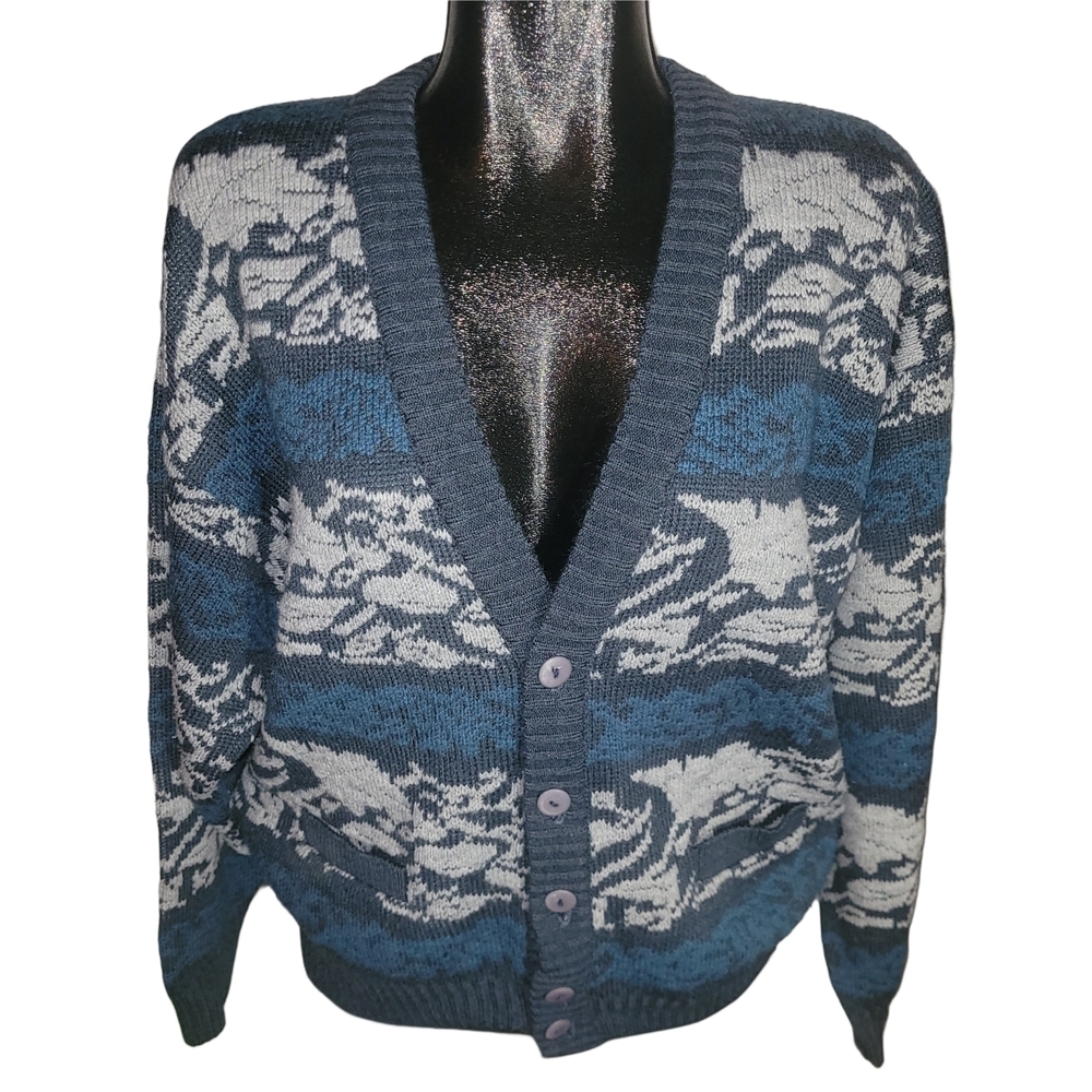 Shelby Blue and Gray Patterned Vintage Knit Grandpacore Sweater Cardigan M